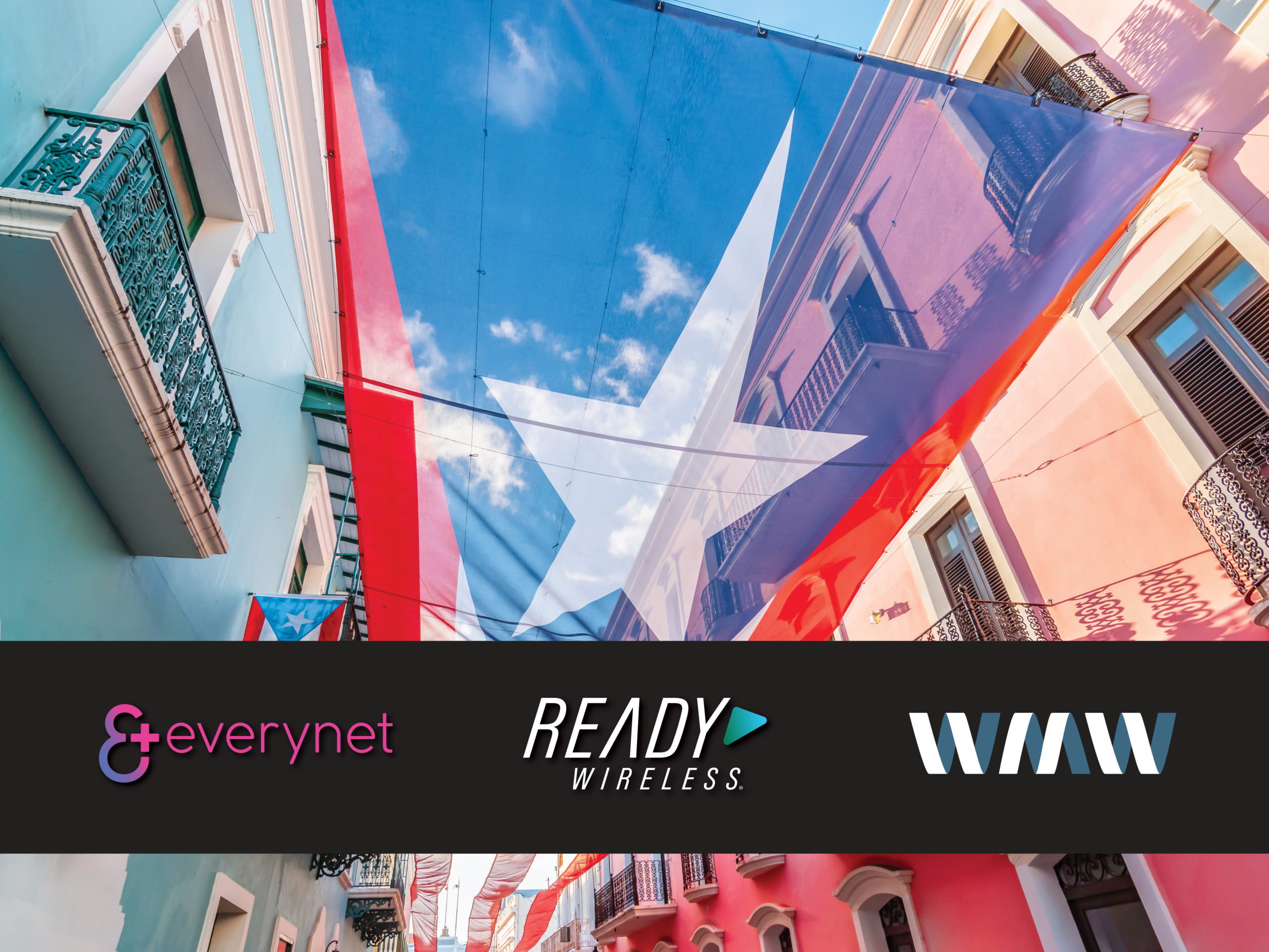Image of San Juan Puerto Rico with Puerto Rican flag. Everynet, Ready Wireless, and WMW logos