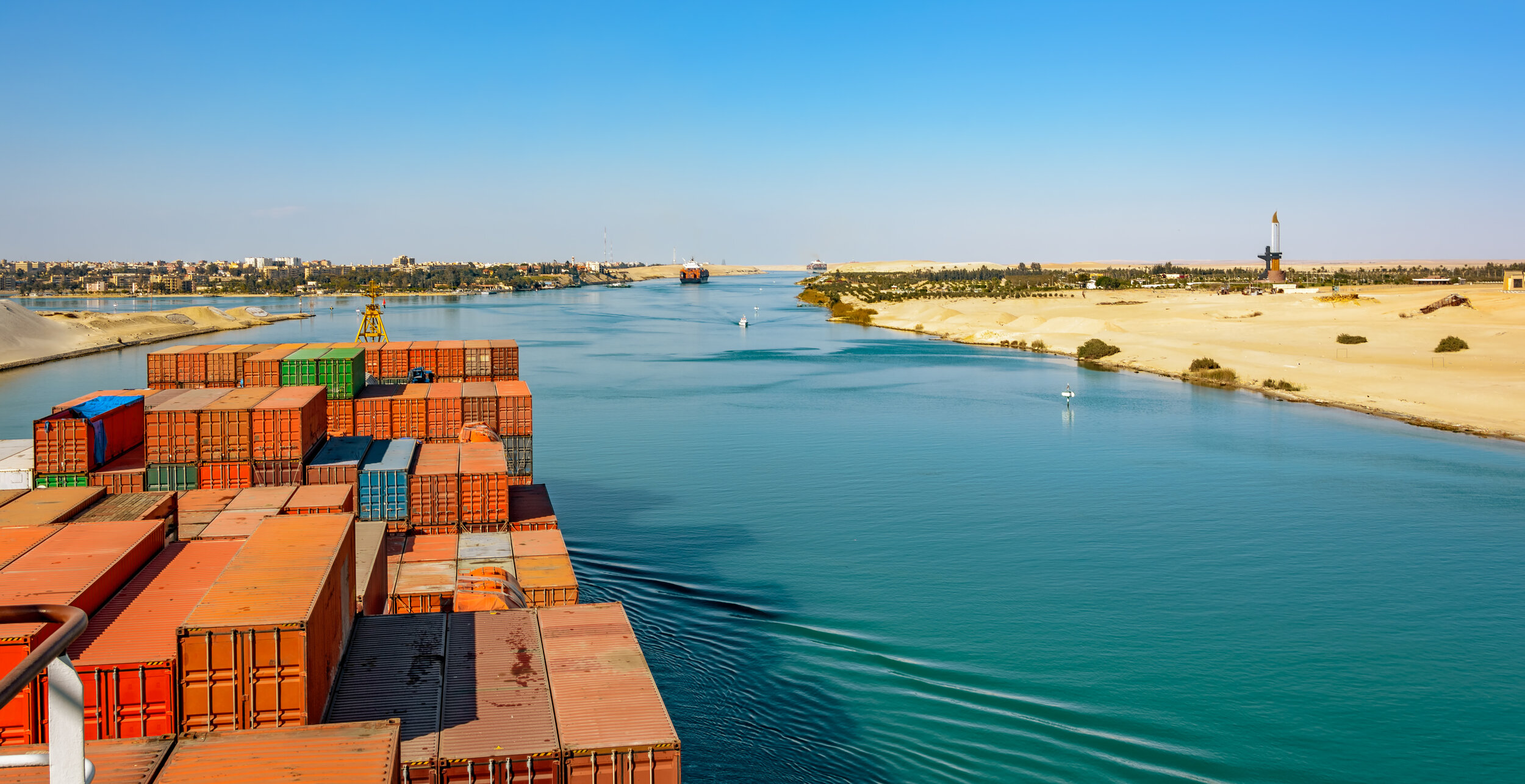 Industrial container ship passing through Suez Canal