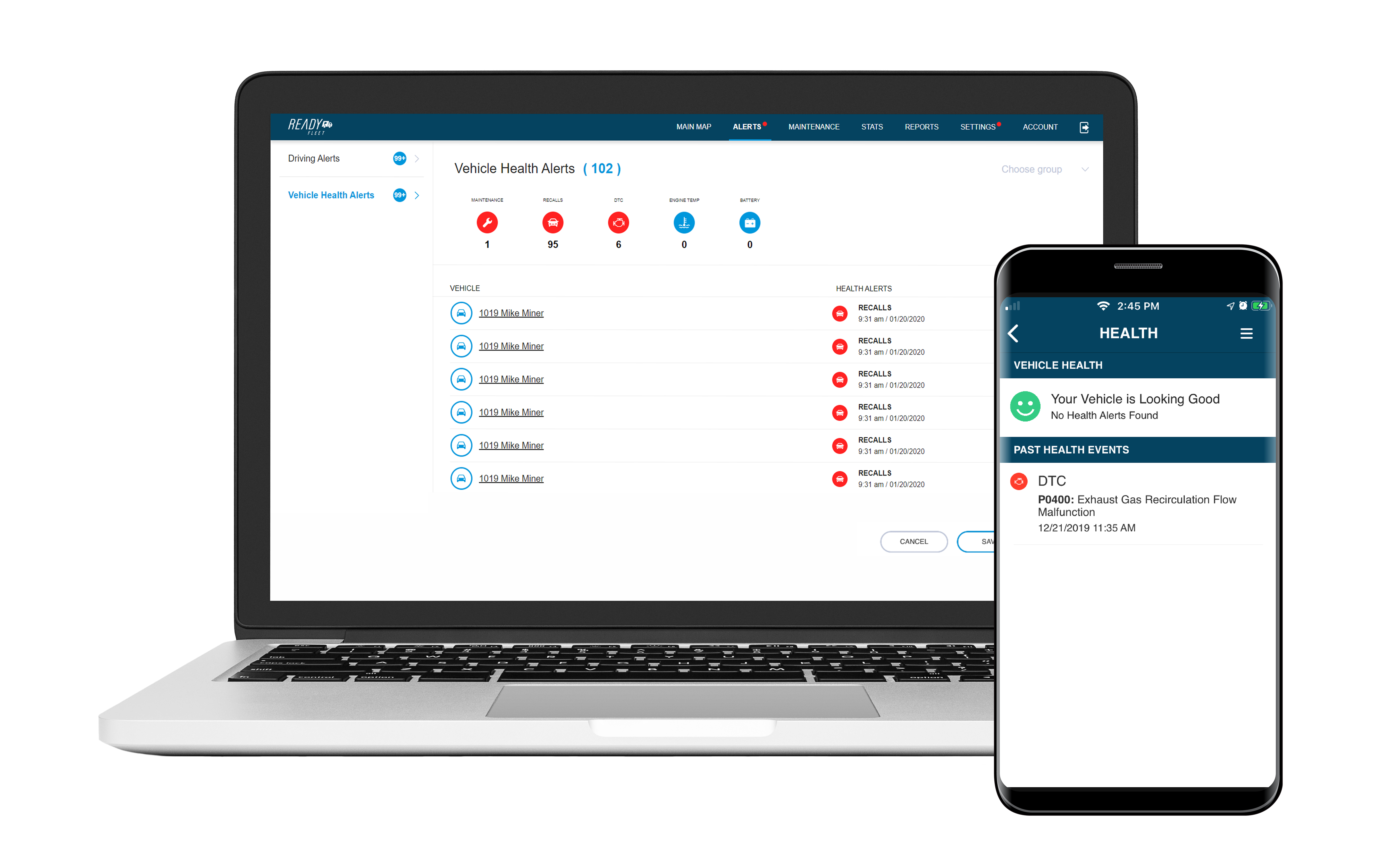 Ready Fleet dashboard example on laptop and smartphone