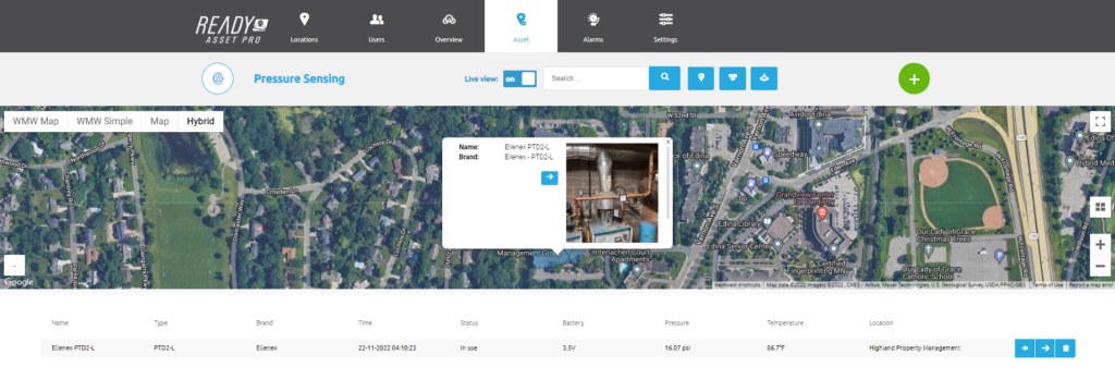 Screenshot from the Ready Asset Pro application, showing a sensor's location over a map of the city it is located in.